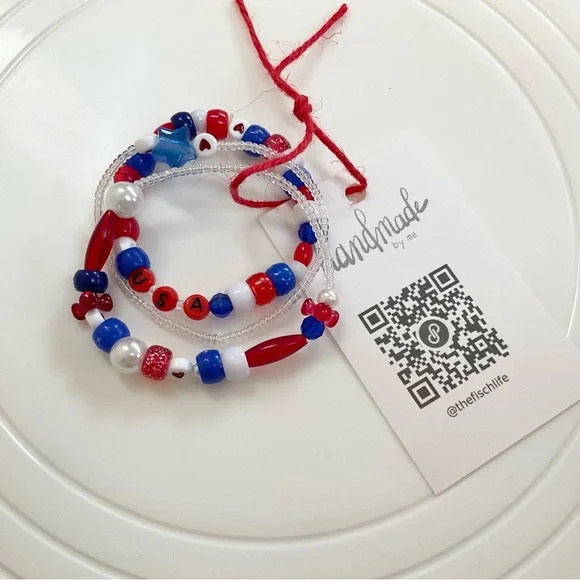 handmade stacking stretchy USA bracelets red, white, blue - Picture 4 of 10